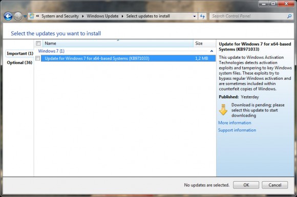Windows Update oferece a atualização KB971033. Clique para ampliar.