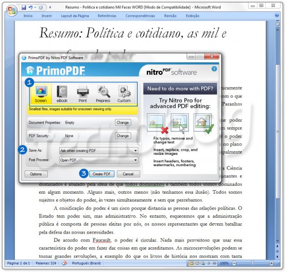 Ajustes do PrimoPDF para converter .doc para .pdf.