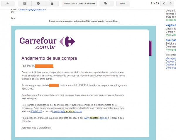 Mensagem enviada pelo Carrefour por email