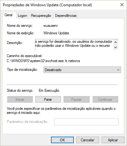 Serviços - Windows Update desabilitado