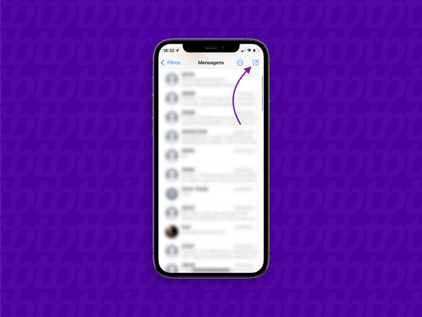 Tela do aplicativo de mensagens do iPhone com seta indicando o botão para iniciar uma nova conversa