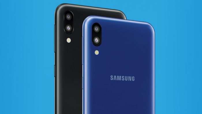Two Galaxy M10 black and blue
