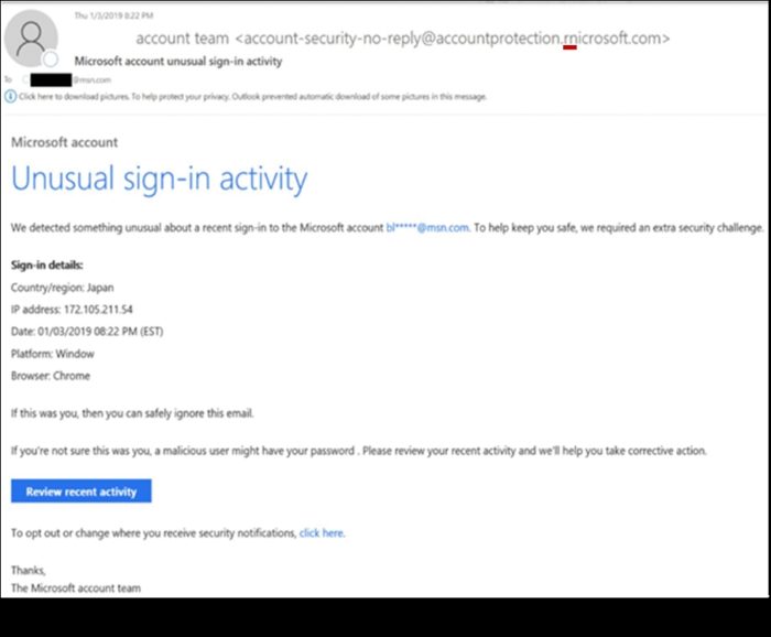 Endereço falso de phishing em nome da Microsoft