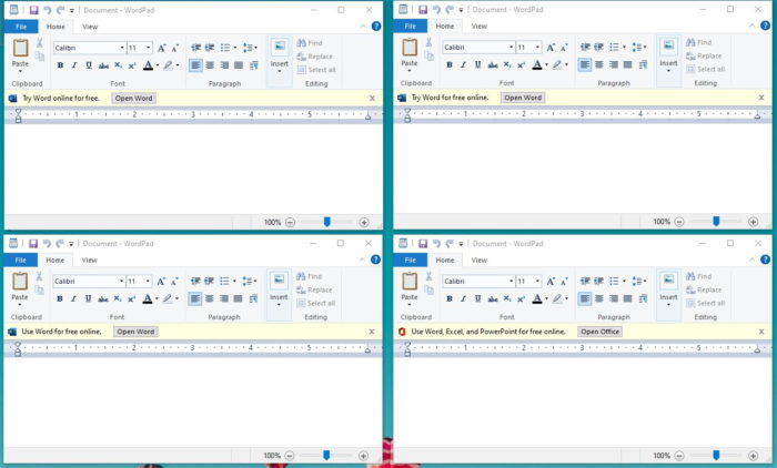 WordPad com anúncio do Office Online no Windows 10