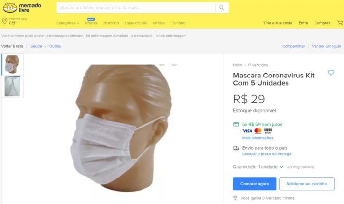 Anúncio de máscara no Mercado Livre