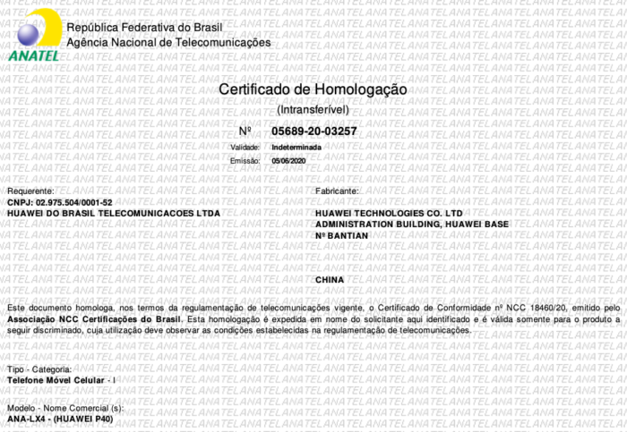 Huawei P40: certificado de homologação da Anatel (Foto: Reprodução/Bruno Gall De Blasi/Tecnoblog)
