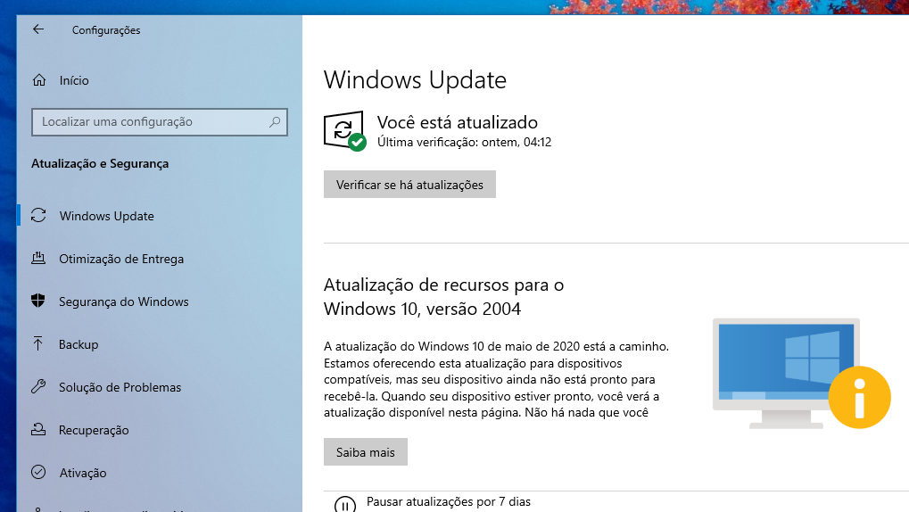 Windows 10 avisa se PC não pode instalar May 2020 Update