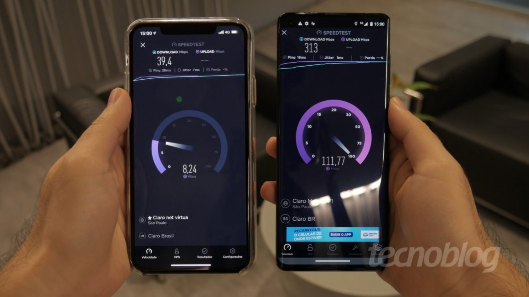 Speed ​​test on 4G and 5G DSS on Claro's network.  Photo: Paulo Higa/Technoblog