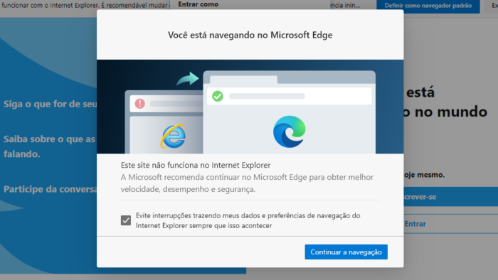 "Este site não funciona no Internet Explorer" (Imagem: Reprodução/Instagram/Microsoft Edge)