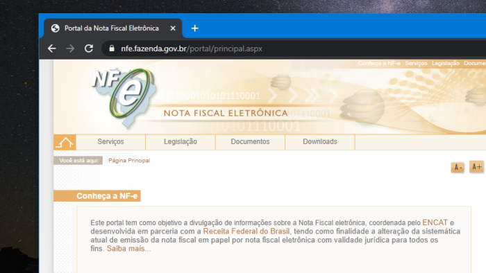 Site da Nota Fiscal Eletrônica (Imagem: Reprodução)