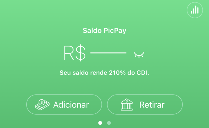 App mostra que dinheiro rende 210% do CDI (Imagem: Reprodução/PicPay)