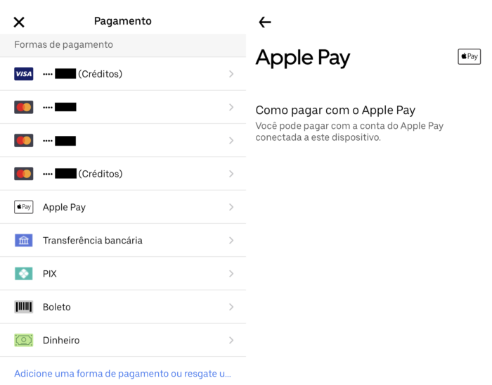 É possível pagar viagens e delivery do Eats com Apple Pay (Imagem: Reprodução/Uber)