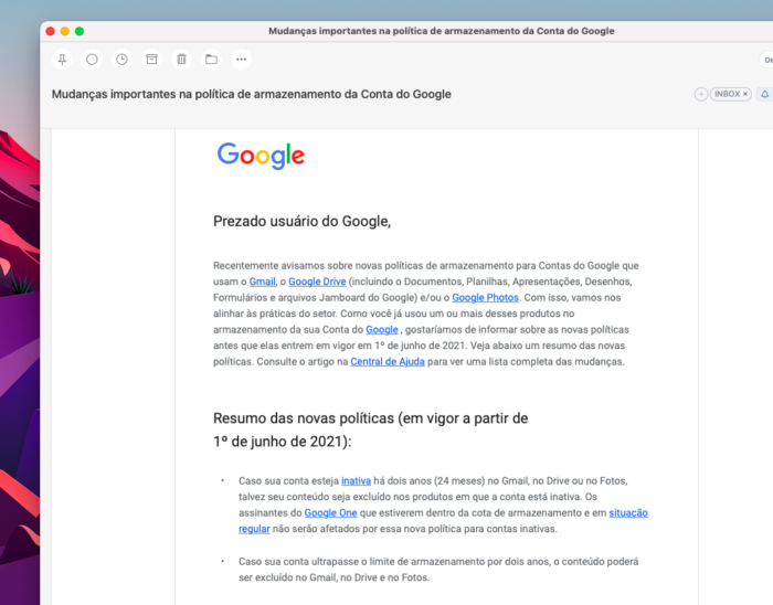 Google avisa que poderá zerar Gmail, Fotos e Drive em contas inativas (Imagem: Reprodução/Tecnoblog)