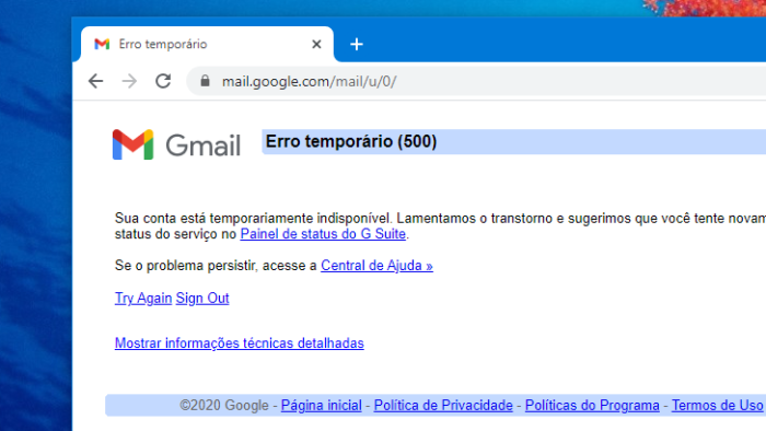 Gmail ficou fora do ar (Imagem: Reprodução)