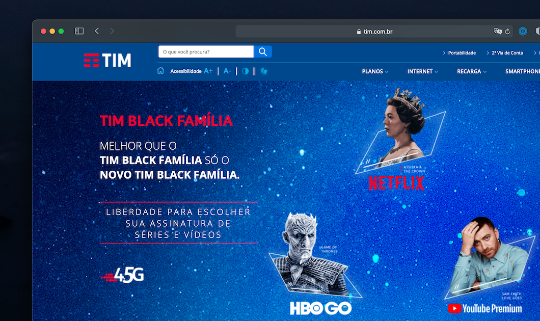 TIM Black Family allows you to choose between Netflix, HBO Go and YouTube Premium (Image: Reproduction / TIM Site)