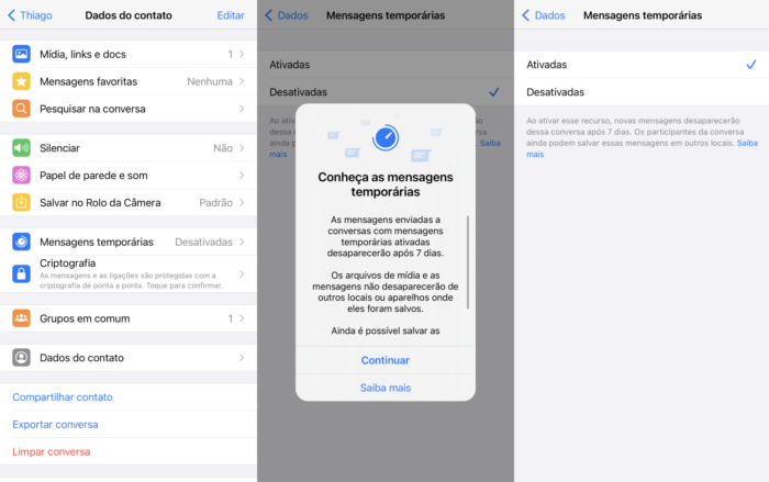 Usuários no Brasil conseguem ativar mensagens temporárias (Imagem: Reprodução/WhatsApp)