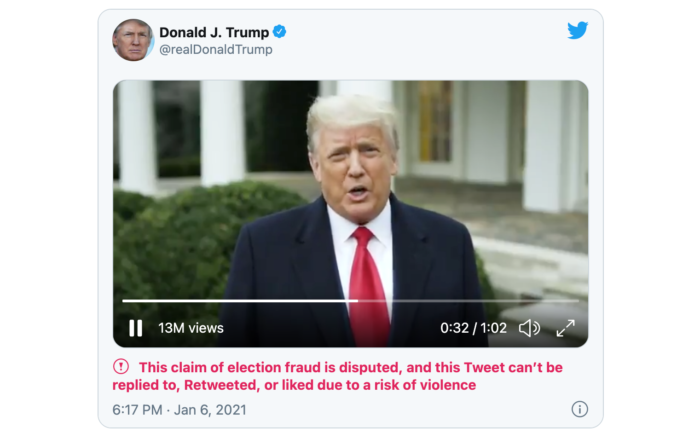 Este foi um dos tweets removidos da conta de Trump (Imagem: Reprodução/Twitter)