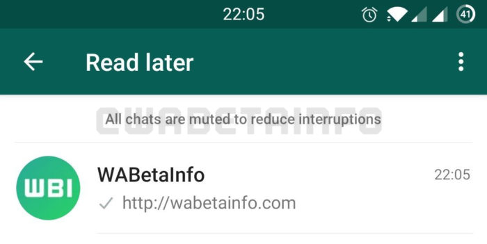 “Ler mais tarde” no WhatsApp (Imagem: Reprodução/WABetaInfo)