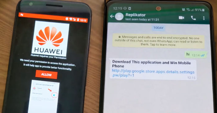 Malware usa falsa promoção da Huawei para atrair vítimas no WhatsApp (Imagem: Reprodução)