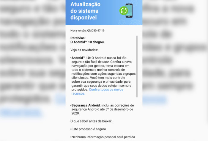 Notificação de atualização do Android 10 para Moto G8 Play (Imagem: Reprodução/Tecnoblog)