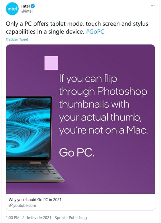 Anúncio da Intel contra o Apple M1 (imagem: reprodução/Twitter)