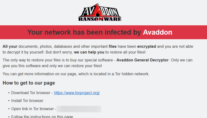 Avaddon teaches user to visit dark web to retrieve files (Image: Reproduction / Hornet Security)