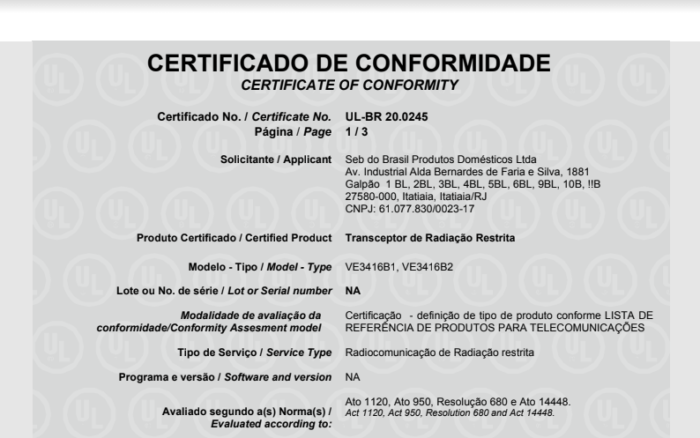 Certificado do Ventilador Arno Ultra Silence Force com Bluetooth (Imagem: Reprodução/Anatel)