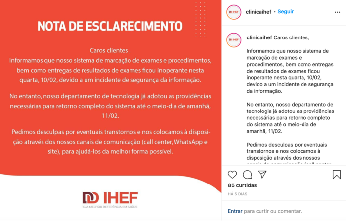 IHEF avisa sobre "incidente de segurança" (Imagem: Reprodução / Instagram)