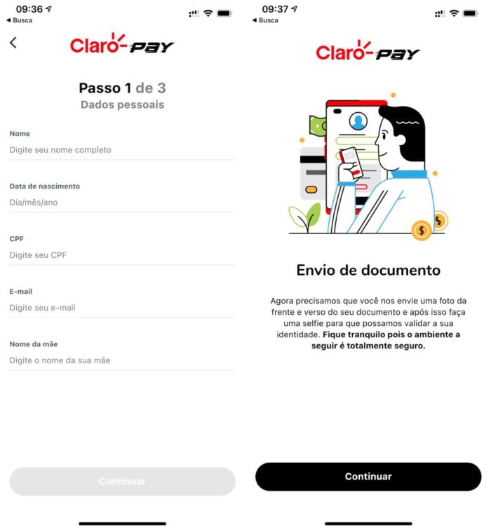 Registro no Claro Pay pede foto de documento e selfie (Imagem: Reprodução )