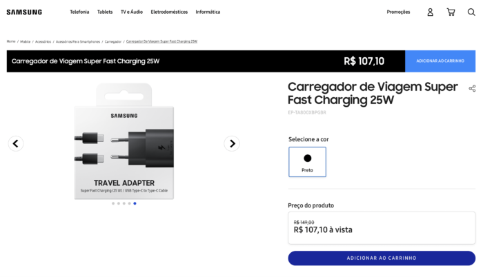 Samsung vende carregador rápido USB-C por R$ 107,10 (Imagem: Reprodução/Samsung)