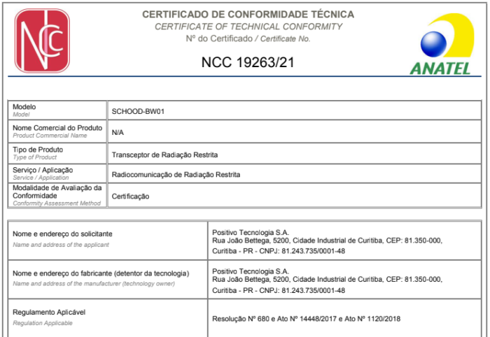 Certificado do Schood na Anatel (Imagem: Reprodução/Anatel)