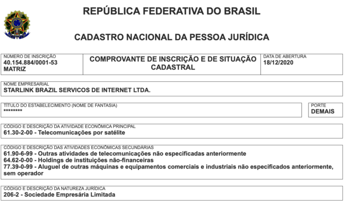 Starlink já tem CNPJ para funcionar no Brasil (Imagem: Reprodução/Receita Federal)