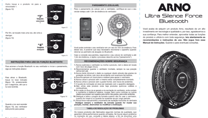 Manual do Ventilador Arno Ultra Silence Force com Bluetooth (Imagem: Reprodução/Arno)