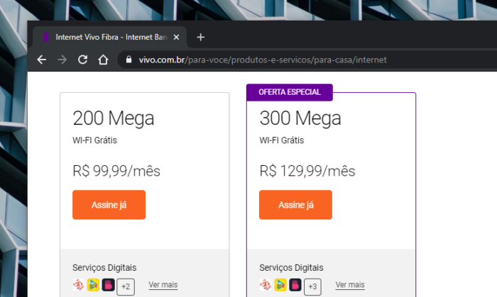 Vivo 200 Mb / s fiber costs R $ 99.99 per month (Image: Reproduction / Site Vivo)