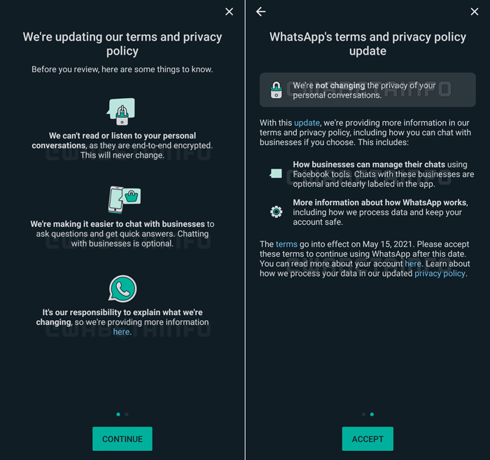 WhatsApp muda aviso sobre nova política de privacidade (Imagem: Reprodução/WABetaInfo)