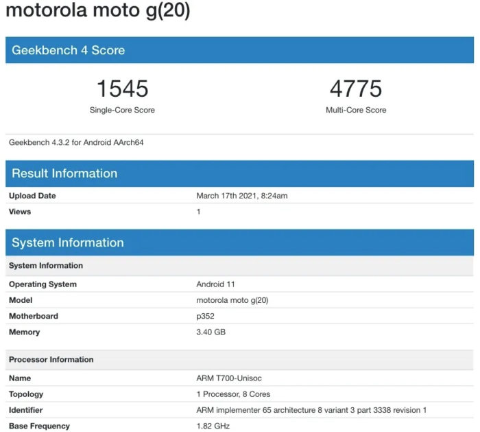 Resultado de suposto teste do Moto G20 (Imagem: divulgação/MySmartPrice)