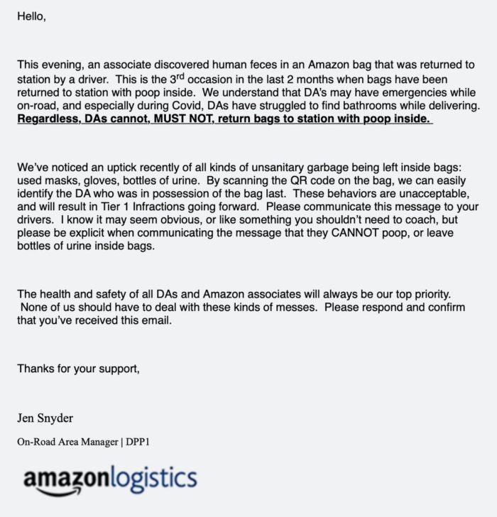 The email from Amazon's logistics manager (Image: Reproduction / The Intercept)
