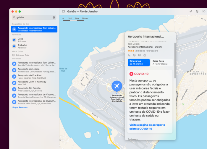 Orientações sobre COVID-19 em aeroportos no Apple Mapas para macOS (Imagem: Reprodução/Tecnoblog)