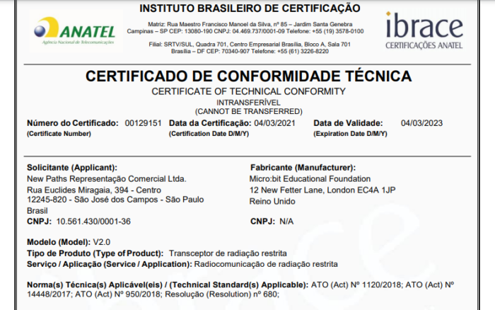 Certificado de conformidade técnica do micro:bit v2 (Imagem: Reprodução/Anatel)