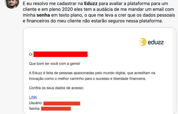 Eduzz sent password by email (Image: @ luzfcb / Twitter)