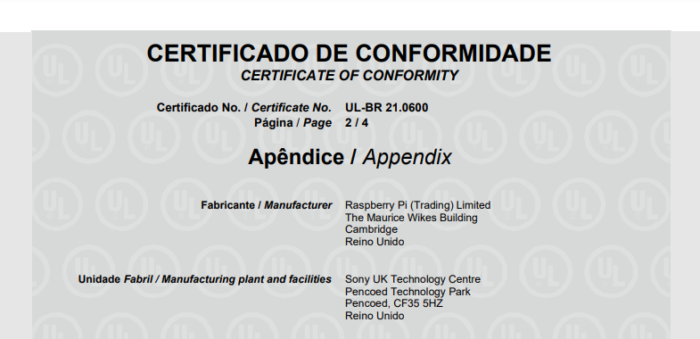 Certificado de conformidade técnica do Raspberry Pi 400
