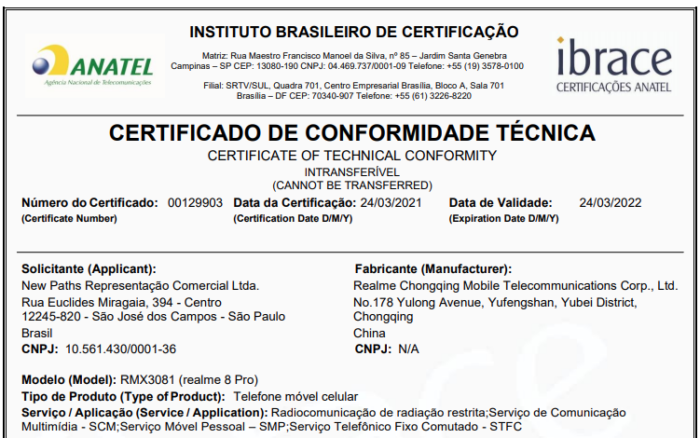 Certificação da Anatel para o Realme 8 Pro (Imagem: Reprodução/Anatel)