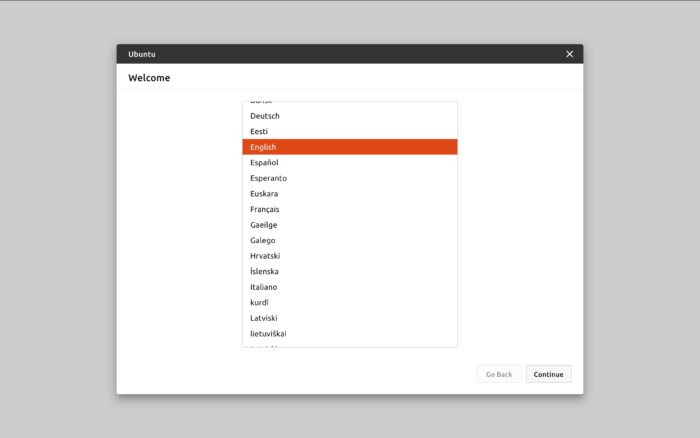 Novo instalador do Ubuntu — escolha do idioma (imagem: divulgação/Canonical)