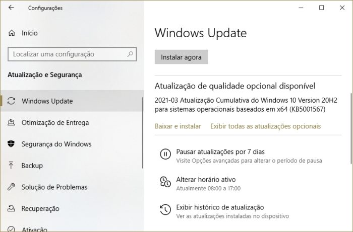 Correção KB5001567 no Windows Update (imagem: Emerson Alecrim/Tecnoblog)