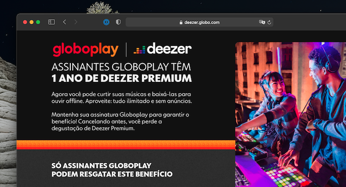 Site da parceria entre Globoplay e Deezer Premium