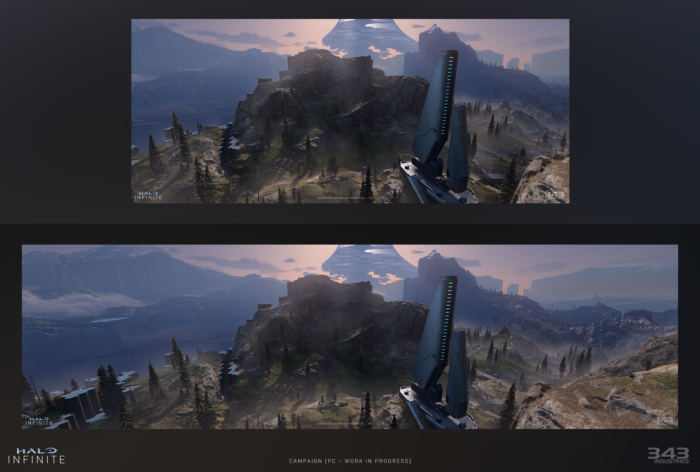Halo Infinite em 21:9 (em cima) e 32:9 (embaixo) (Imagem: Divulgação/Microsoft)