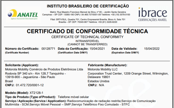 Certificado de conformidade técnica do Moto G20 (Imagem: Reprodução/Anatel)