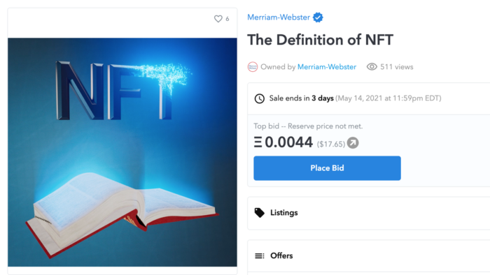 Merriam-Webster vende definição de NFT como um NFT (Imagem: Reprodução/OpenSea)