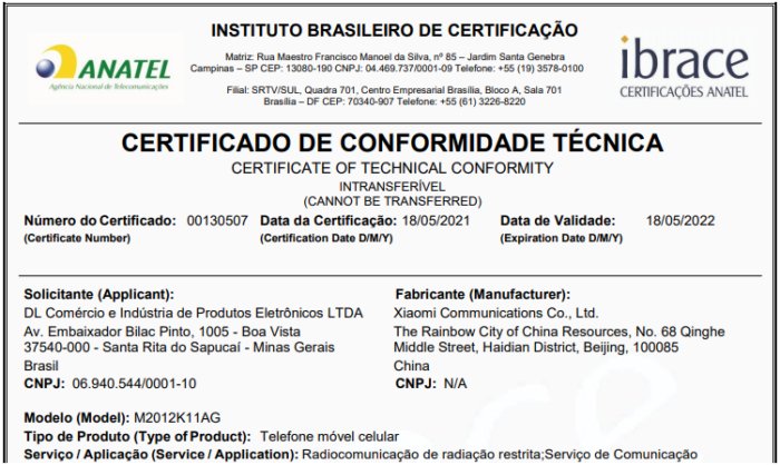 Certificado de conformidade técnica do Poco F3 (Imagem: Reprodução/Anatel)
