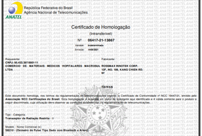 Certificado de homologação da Anatel para oxímetro SB210